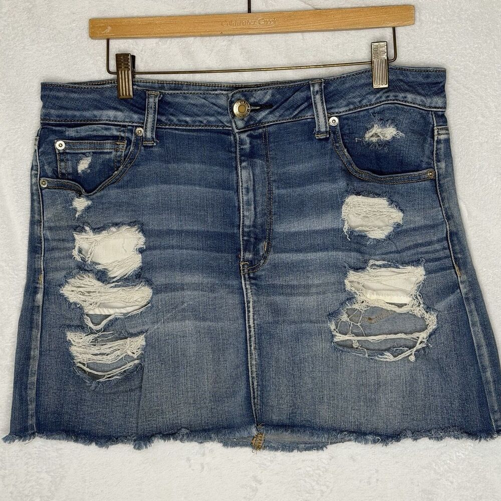 American Eagle Next Level Stretch Denim Jean Mini Skirt Distressed Sz 14